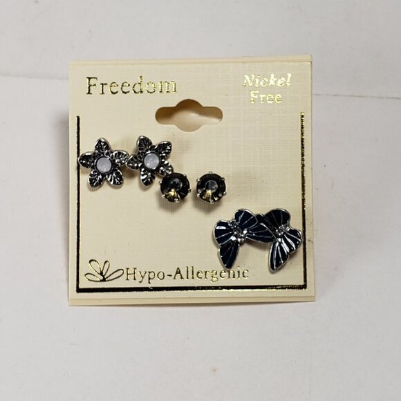 Set of 3 Stylish Yellow Crystal Flower, Green Butterfly designs Stud Earrings - Picture 5 of 8